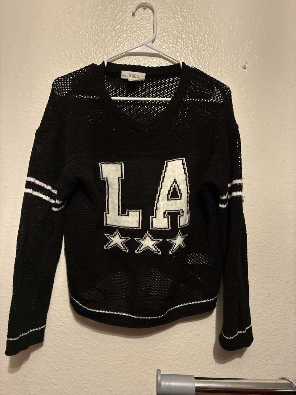 trueheart LA Varsity Open-Knit Mesh V-Neck Sweater